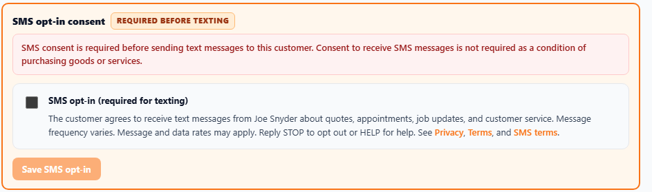 Example of Opt In method requirement default view, unchecked box