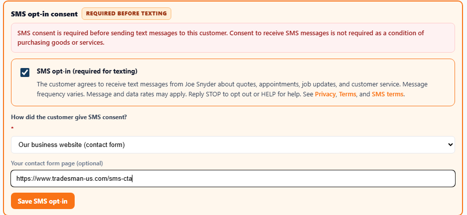 Tradesman customer panel showing SMS opt-in consent form with consent source dropdown