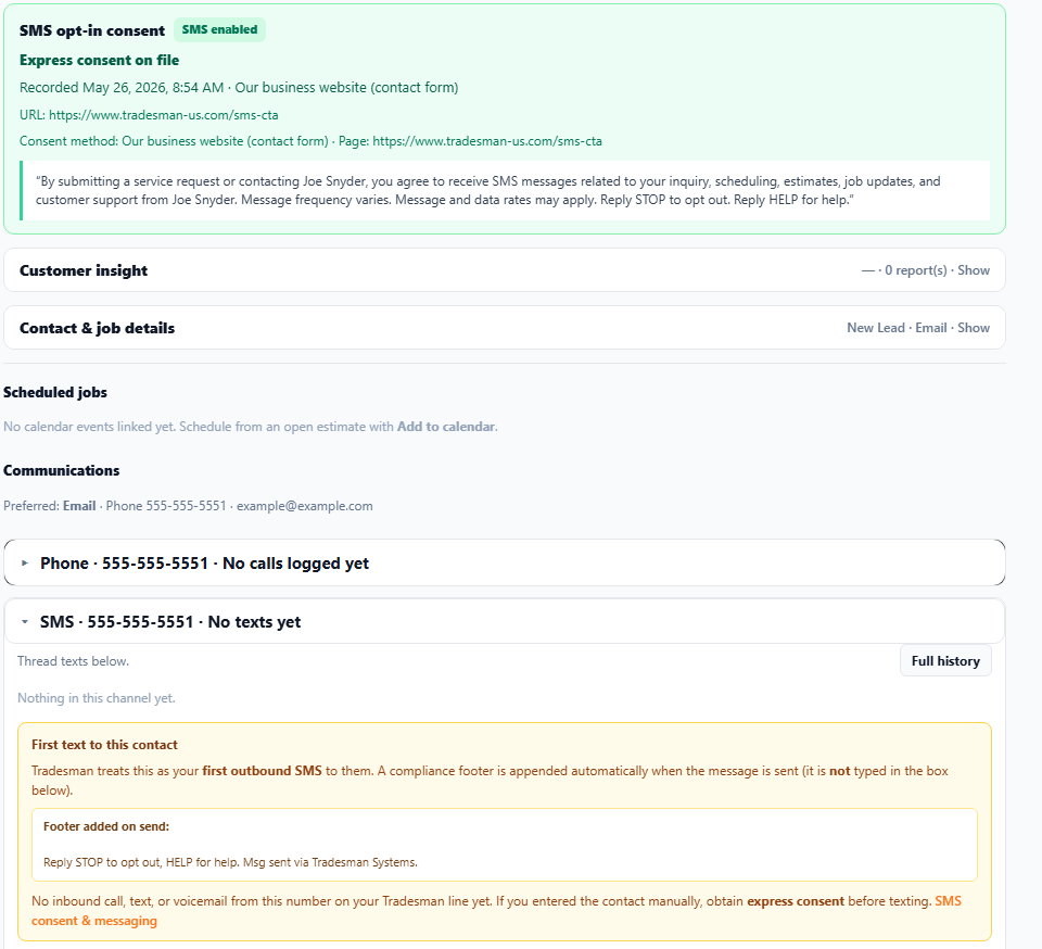 Tradesman SMS channel disabled until opt-in consent is recorded