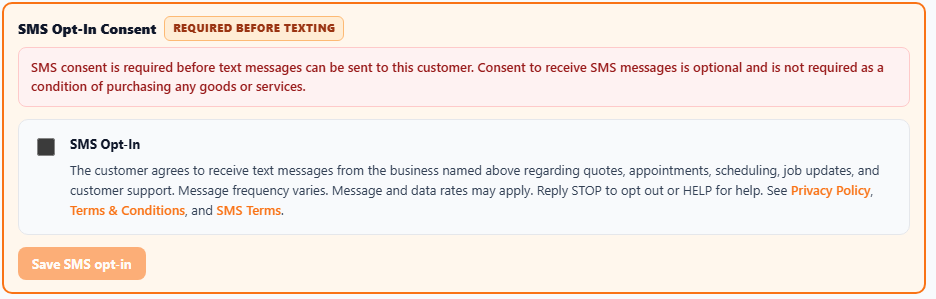 Example of Opt In method requirement default view, unchecked box