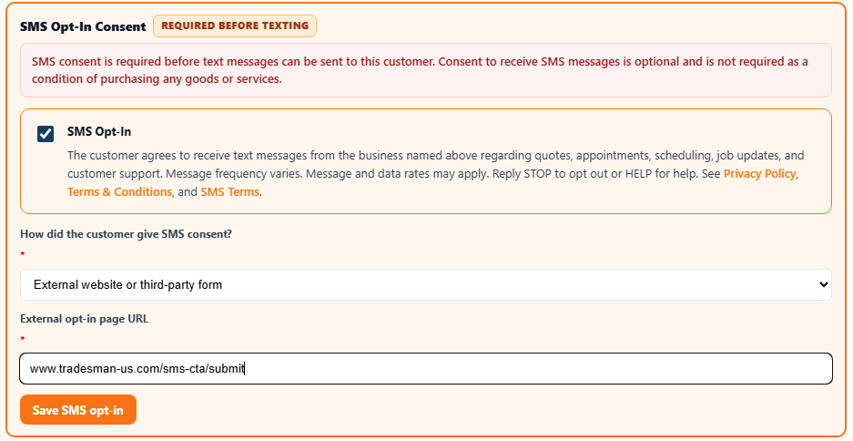 Tradesman customer panel showing SMS opt-in consent form with consent source dropdown