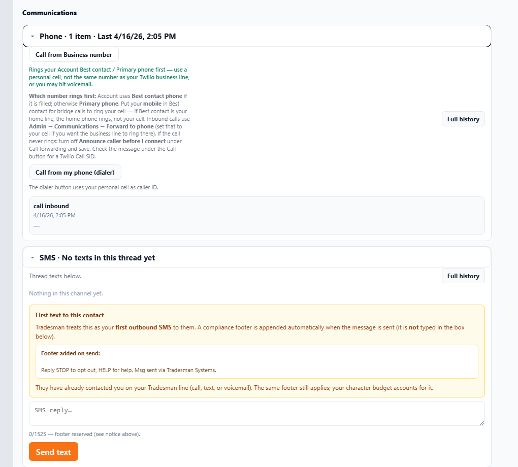Tradesman SMS channel enabled with first-text compliance notice